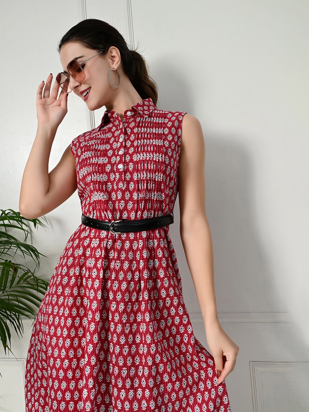 

CRENOL THREADS Ethnic Motifs Printed Fit & Flare Dress, Red