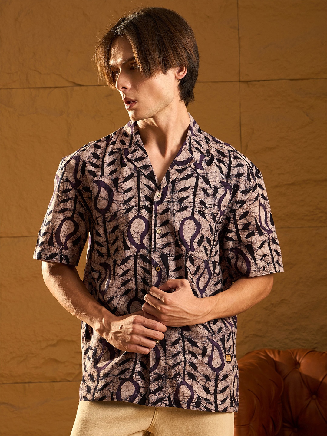 DENNISON Abstract Printed Oversized Cotton Shirt, Purple