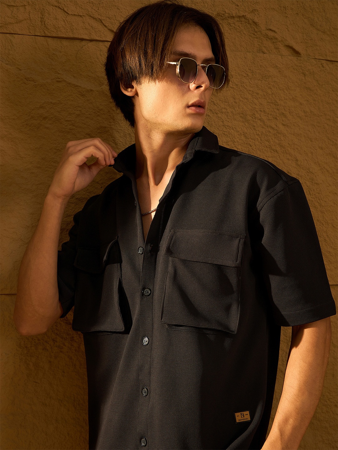 DENNISON Drop Shoulder Oversized Double Pocket Shirt, Black