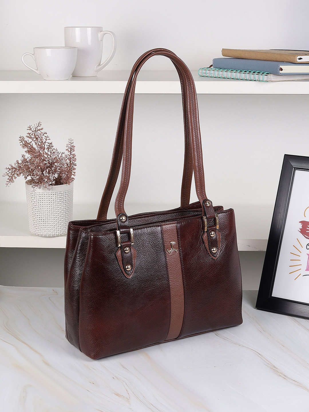 

Mochi Women Textured Structured Leather Shoulder Bag, Brown