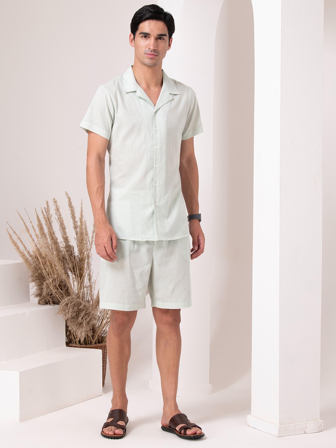 

HOUSE OF S Lapel Collar Short Sleeves Pure Cotton Shirt With Shorts, Green