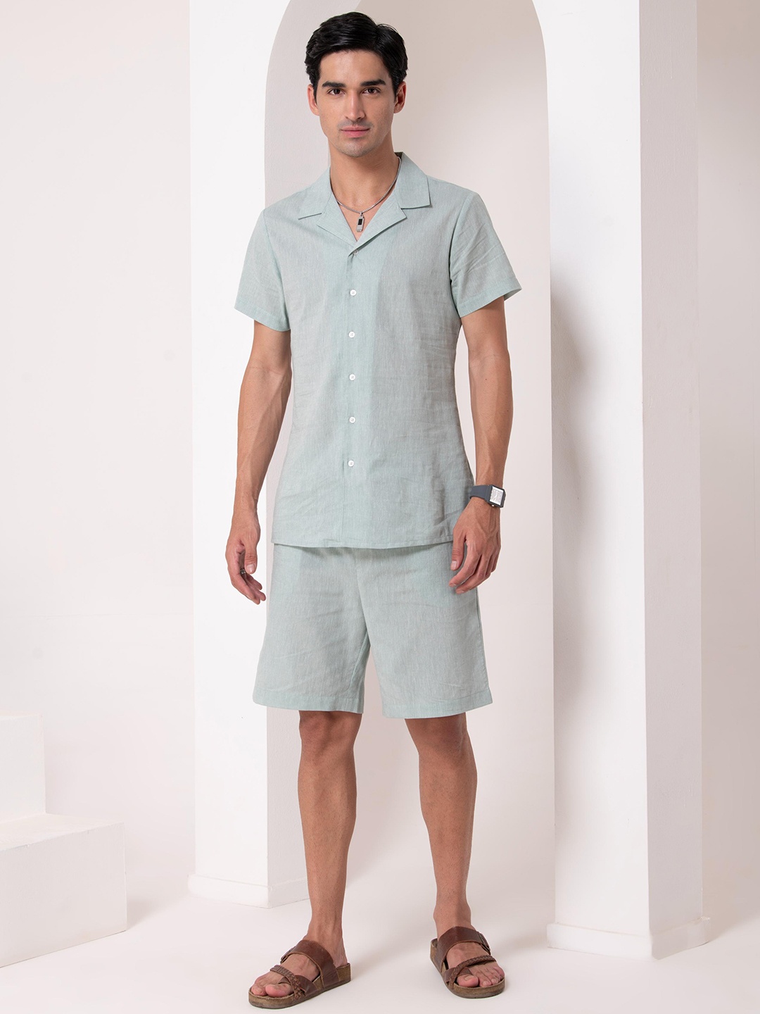 

HOUSE OF S Lapel Collar Short Sleeves Pure Cotton Shirt With Shorts, Grey