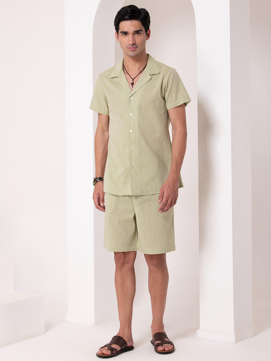 

HOUSE OF S Lapel Collar Short Sleeves Pure Cotton Shirt & Shorts, Green