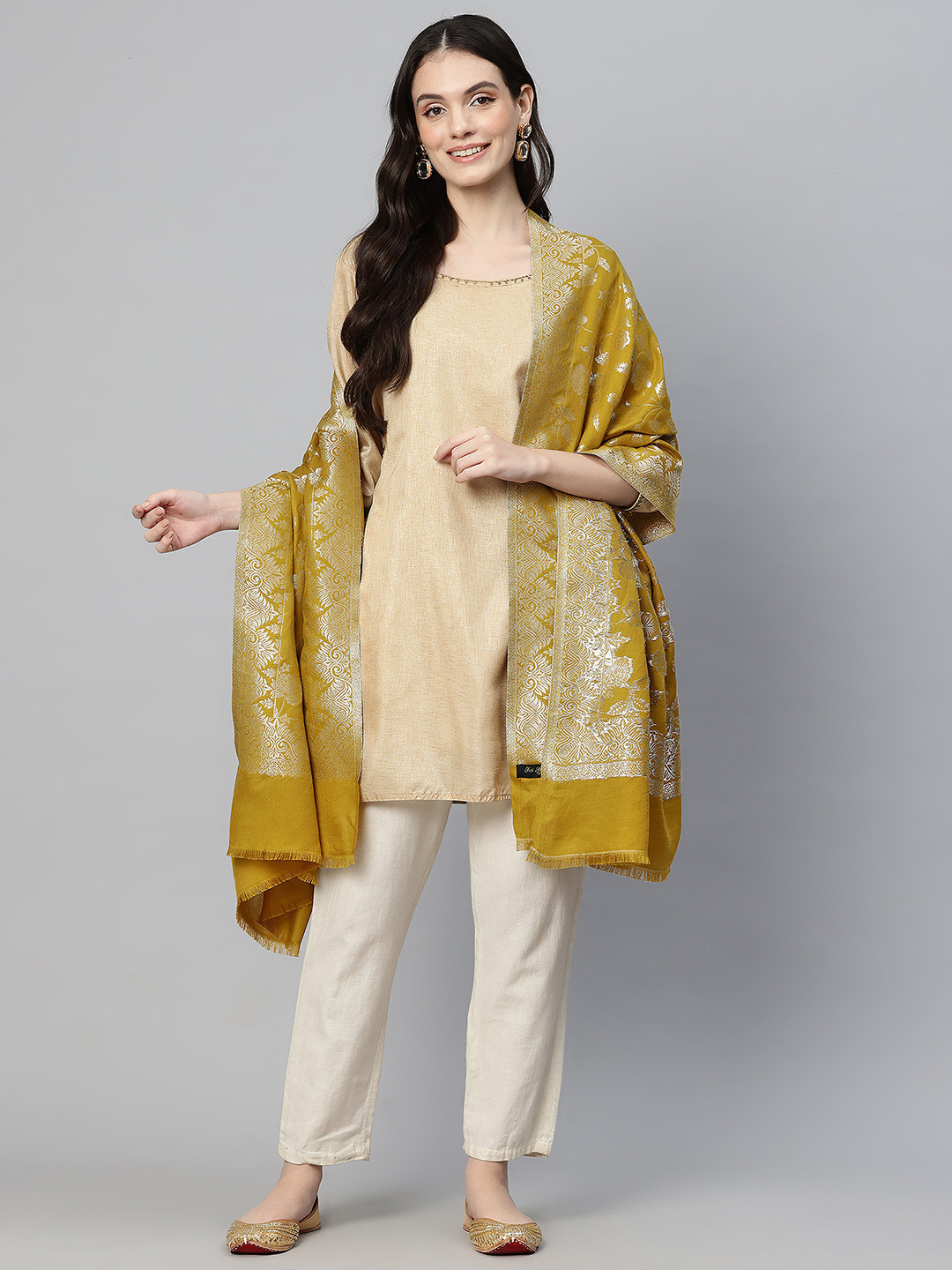 

SWI Stylish Floral Woven Zari Kani Jamawar Design Shawl, Mustard