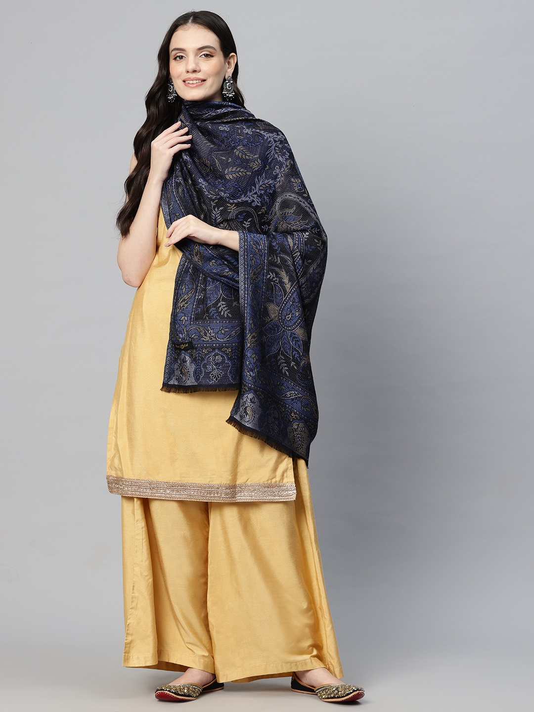 

SWI Stylish Women Woven Design Jamawar Stole, Navy blue