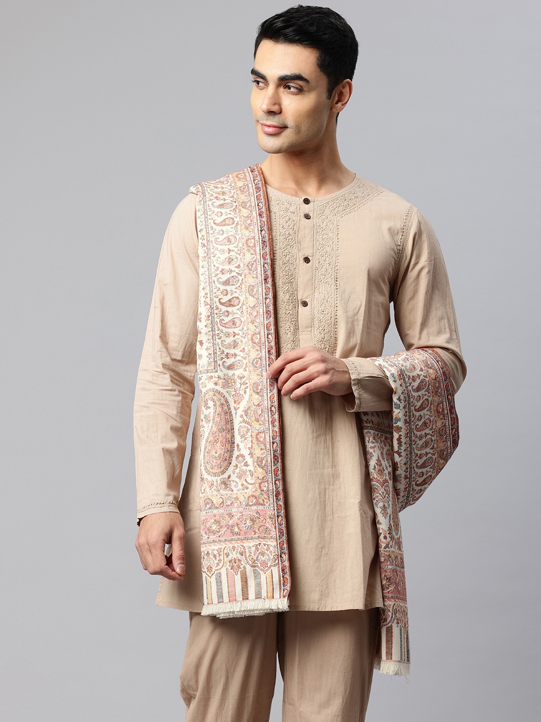 

SWI Stylish Men Paisley Woven Design Kani Shawl, White