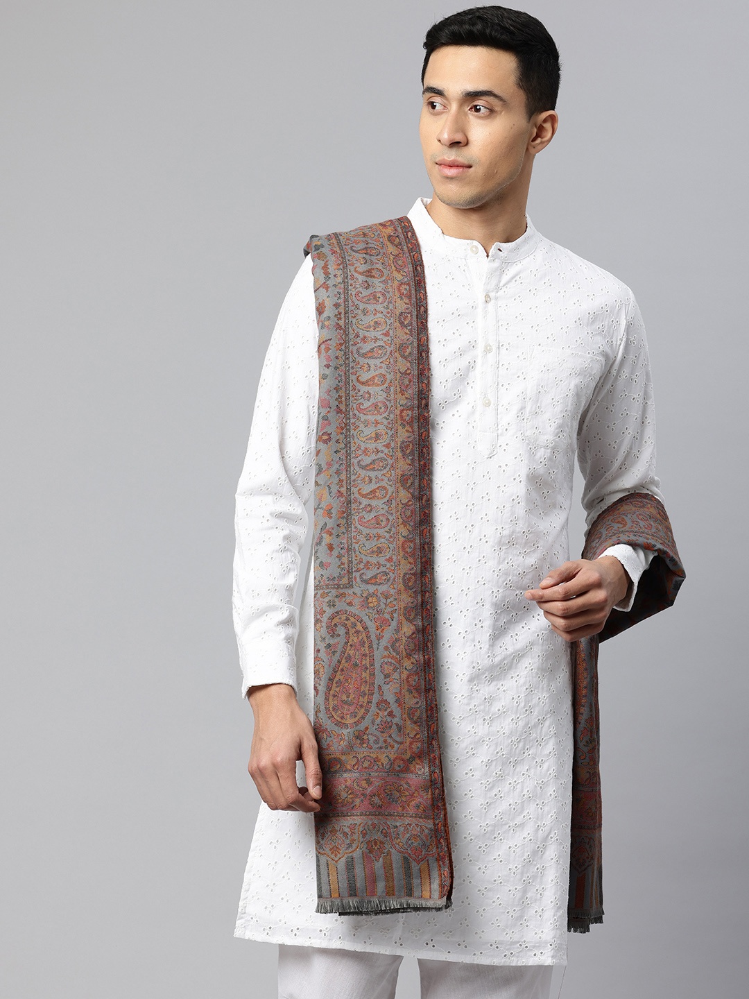 

SWI Stylish Men Paisley Woven Design Kani Shawl, Grey