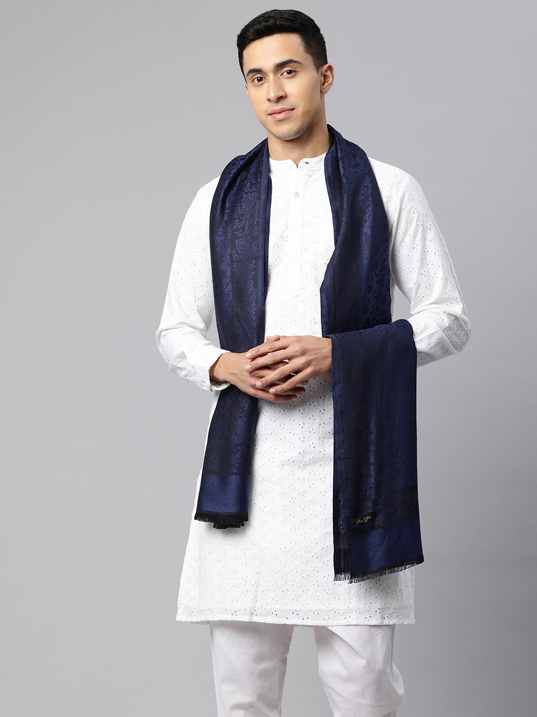 

SWI Stylish Men Woven Design Jamawar Shawl, Navy blue