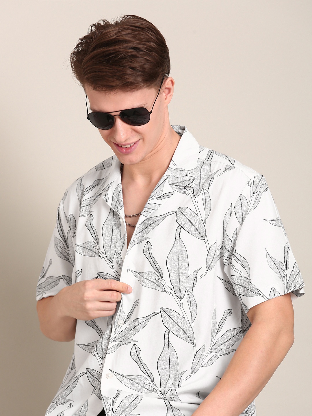 

LSD Relaxed Fit Printed Cuban Collar Casual Shirt, Beige