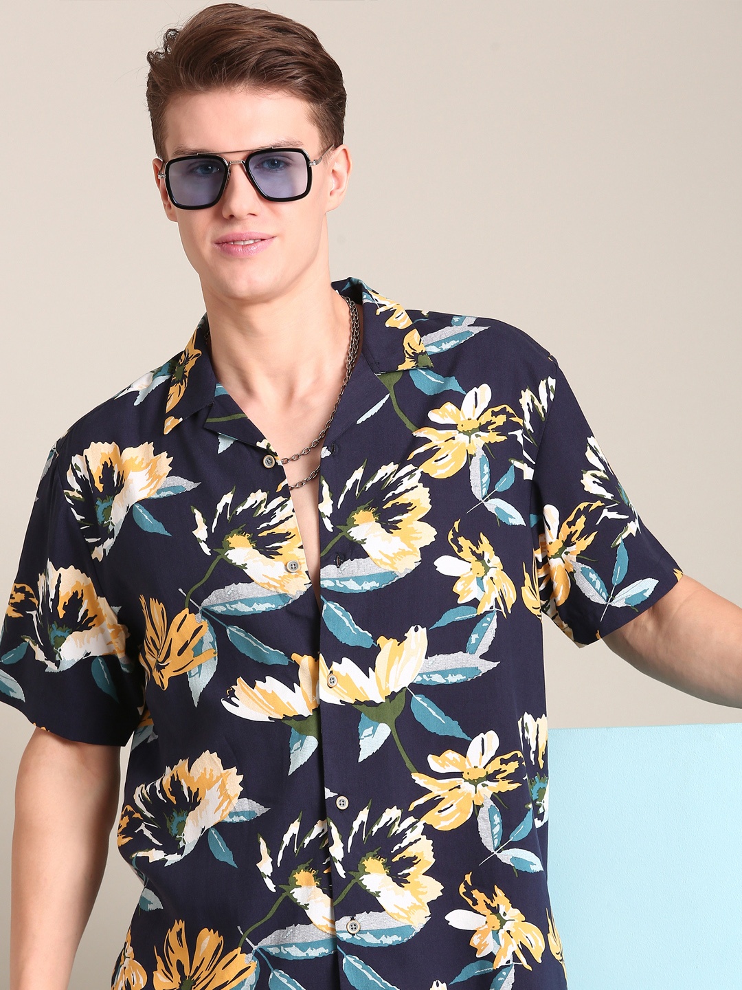

LSD Relaxed Fit Cuban Collar Floral Printed Casual Shirt, Navy blue