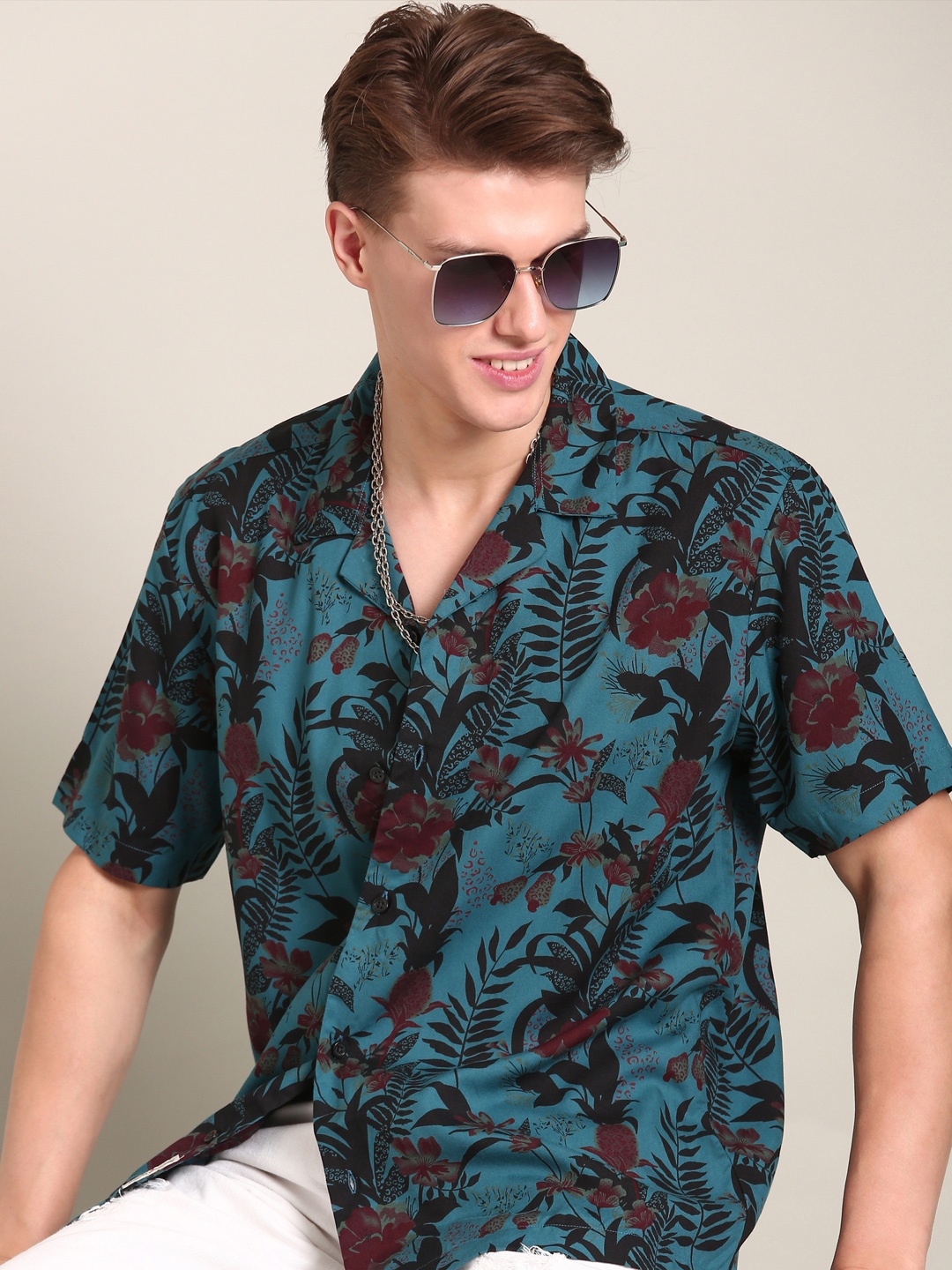 

LSD Relaxed Fit Cuban Collar Floral Print Casual Shirt, Blue