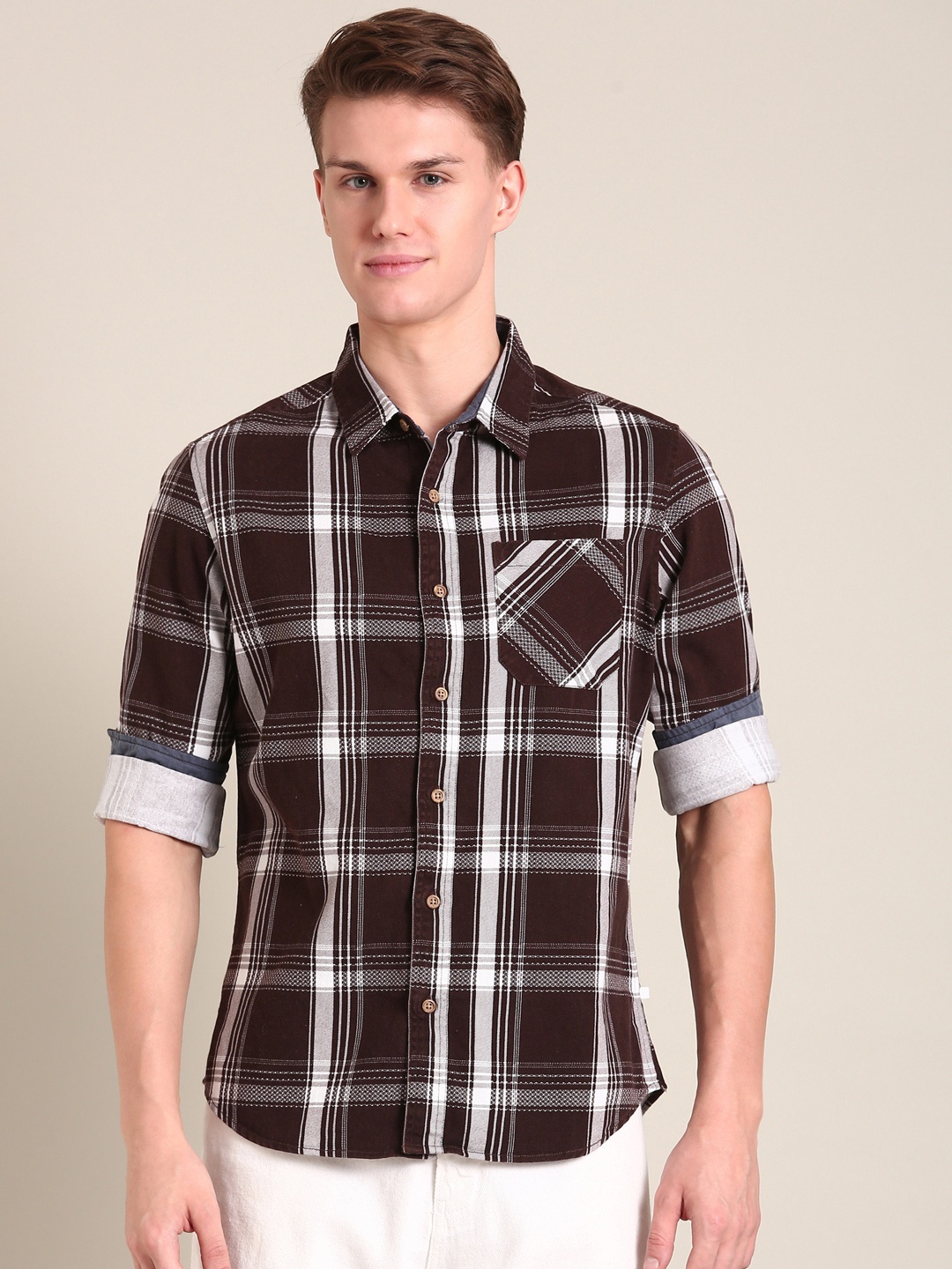 

LSD Men Slim Fit Pure Cotton Checked Casual Shirt, Brown