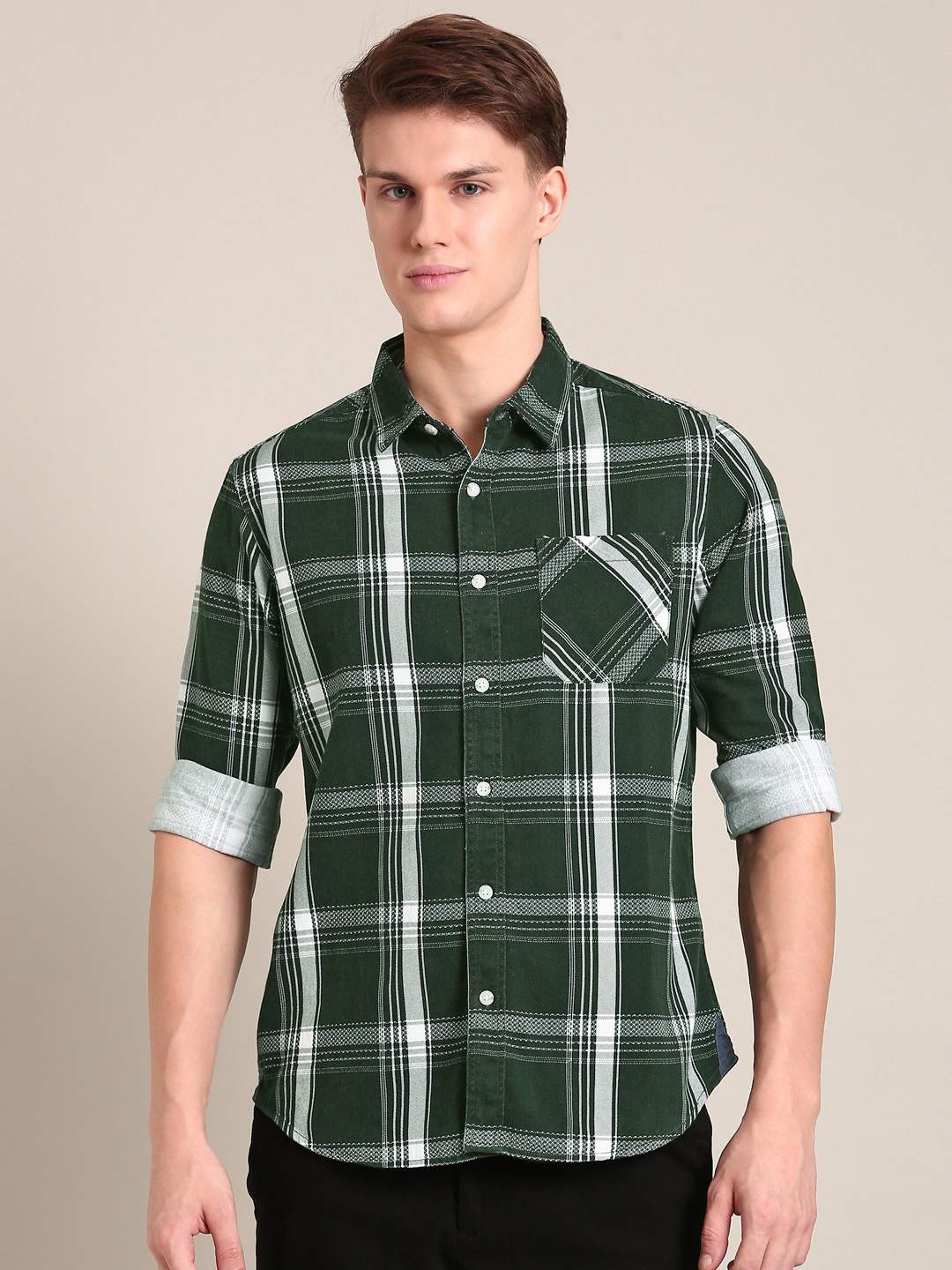 

LSD Men Slim Fit Pure Cotton Checked Casual Shirt, Green