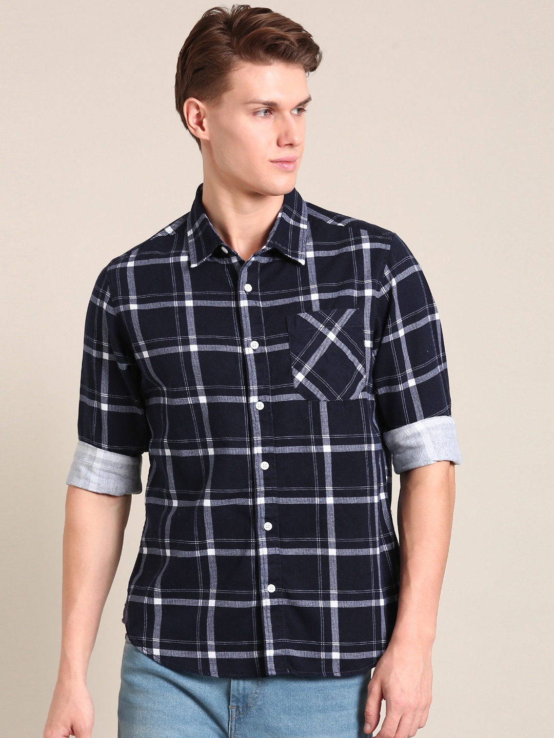 

LSD Cotton Slim Fit Checked Casual Shirt, Navy blue