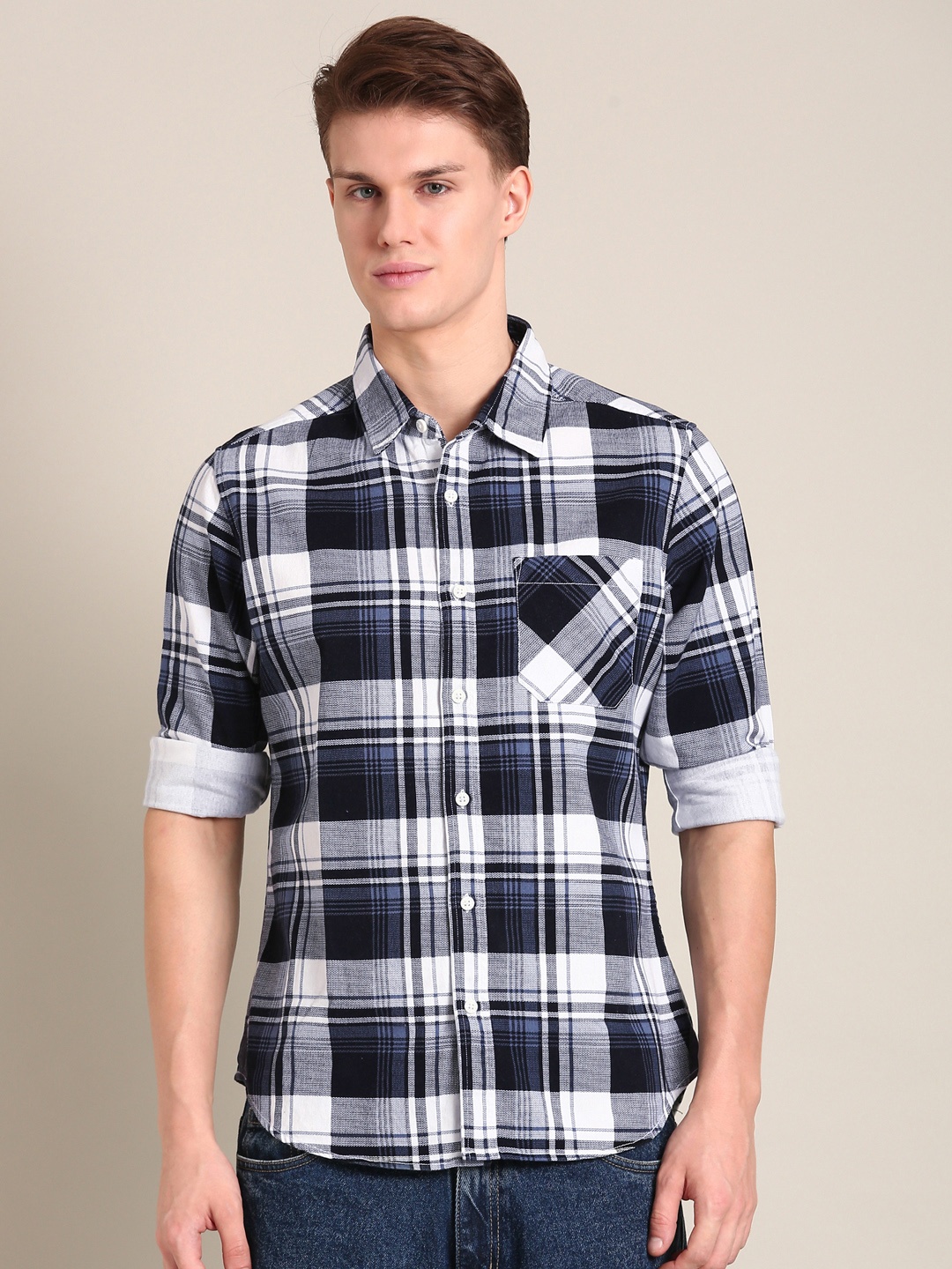 

LSD Cotton Slim Fit Checked Casual Shirt, Navy blue