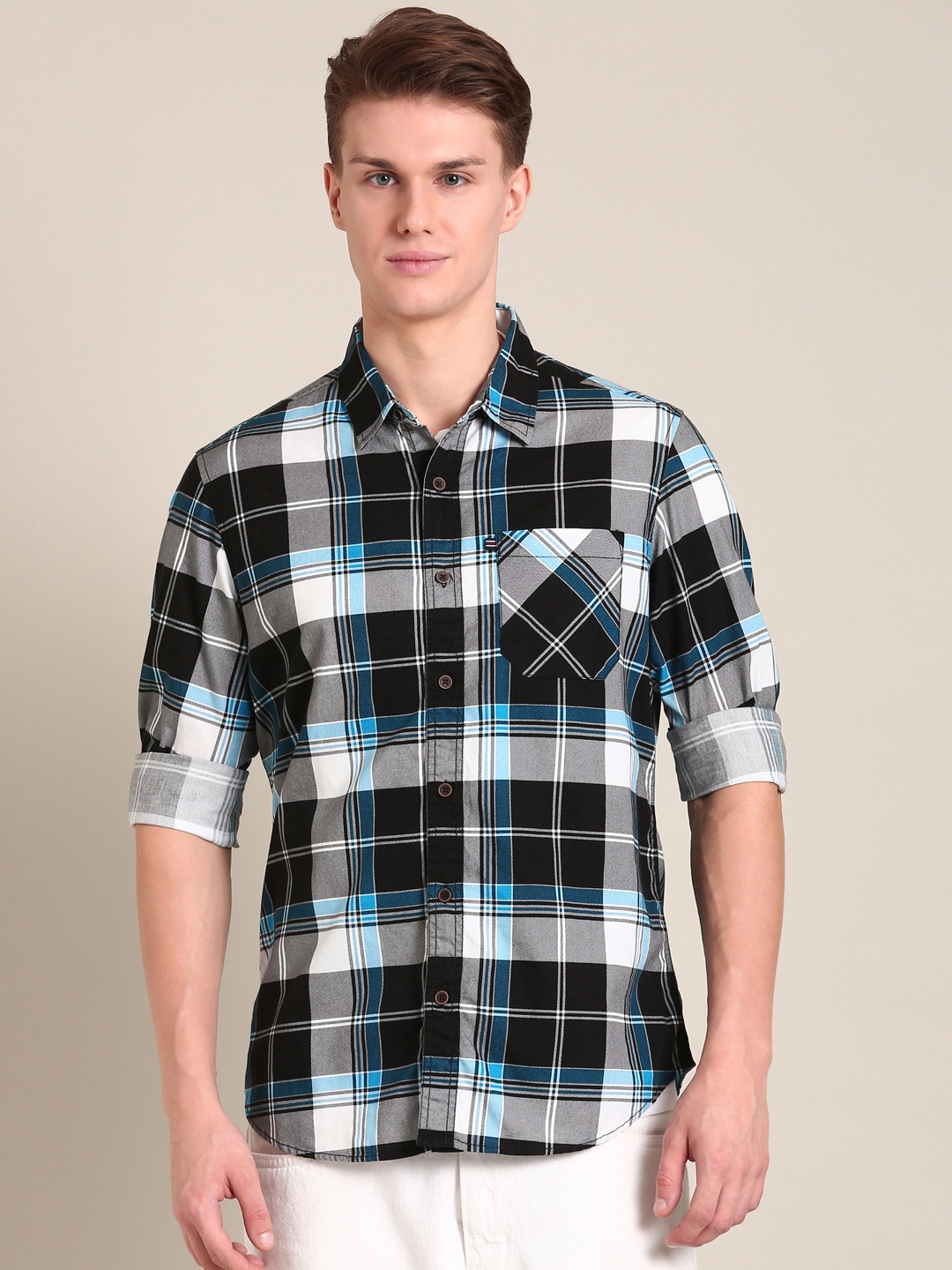 

LSD Slim Fit Tartan Checks Opaque Casual Shirt, Black