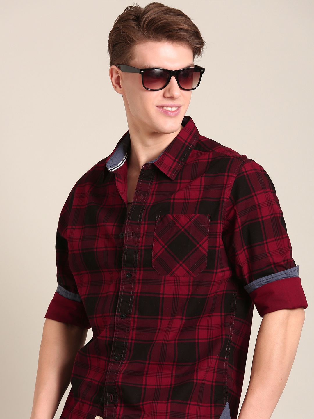 

LSD Cotton Slim Fit Checked Casual Shirt, Maroon
