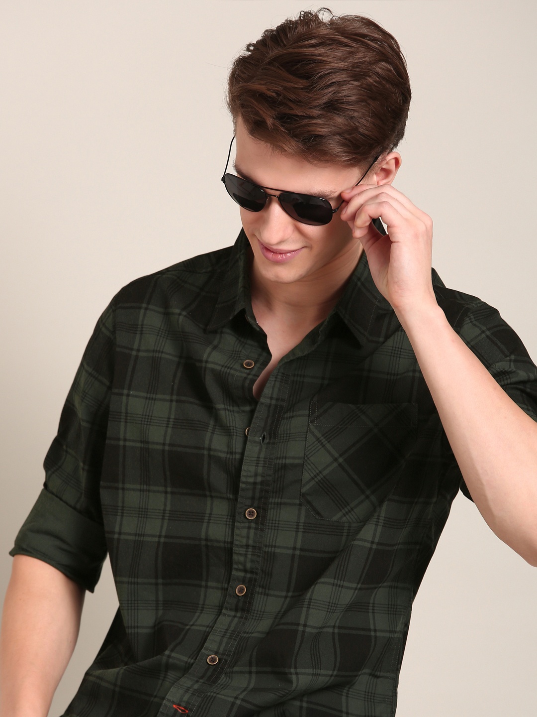 

LSD Cotton Slim Fit Checked Casual Shirt, Olive