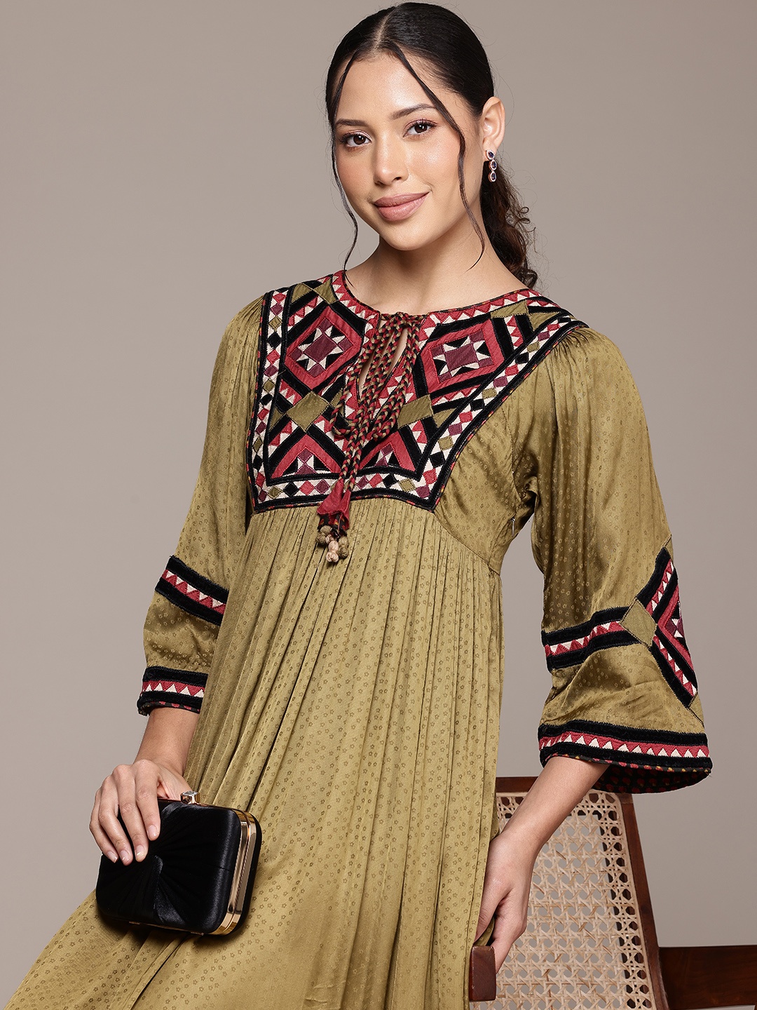 

Ritu Kumar Yoke Design Flared Sleeve Satin Fit & Flare Maxi Dress, Olive