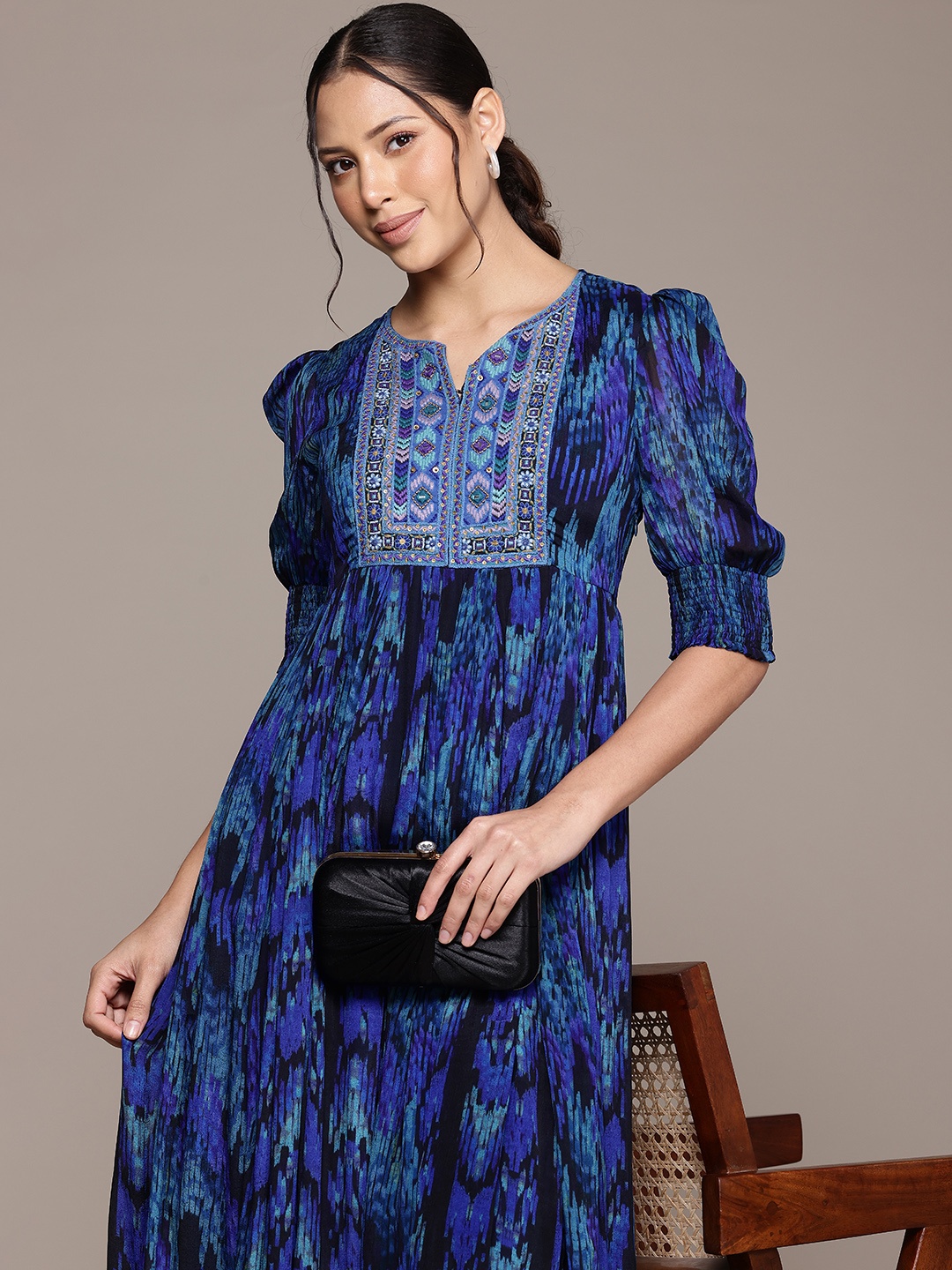 

Ritu Kumar Print Puff Sleeve Chiffon Fit & Flare Maxi Dress, Navy blue