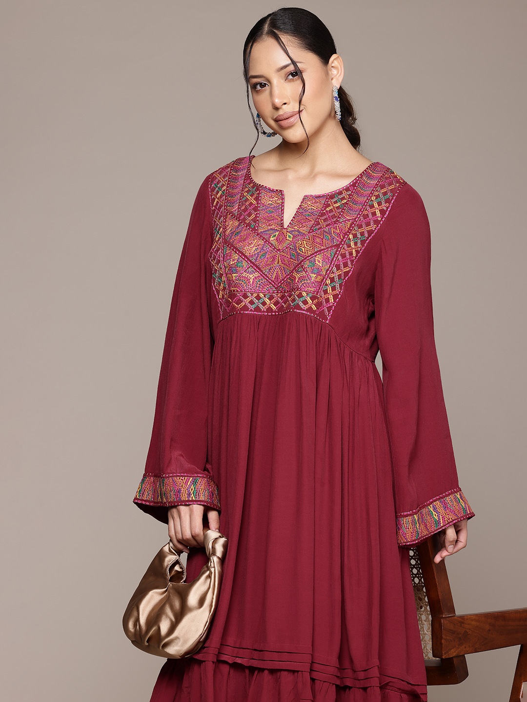 

Ritu Kumar Embroidered Flared Sleeve Crepe A-Line Midi Dress, Red