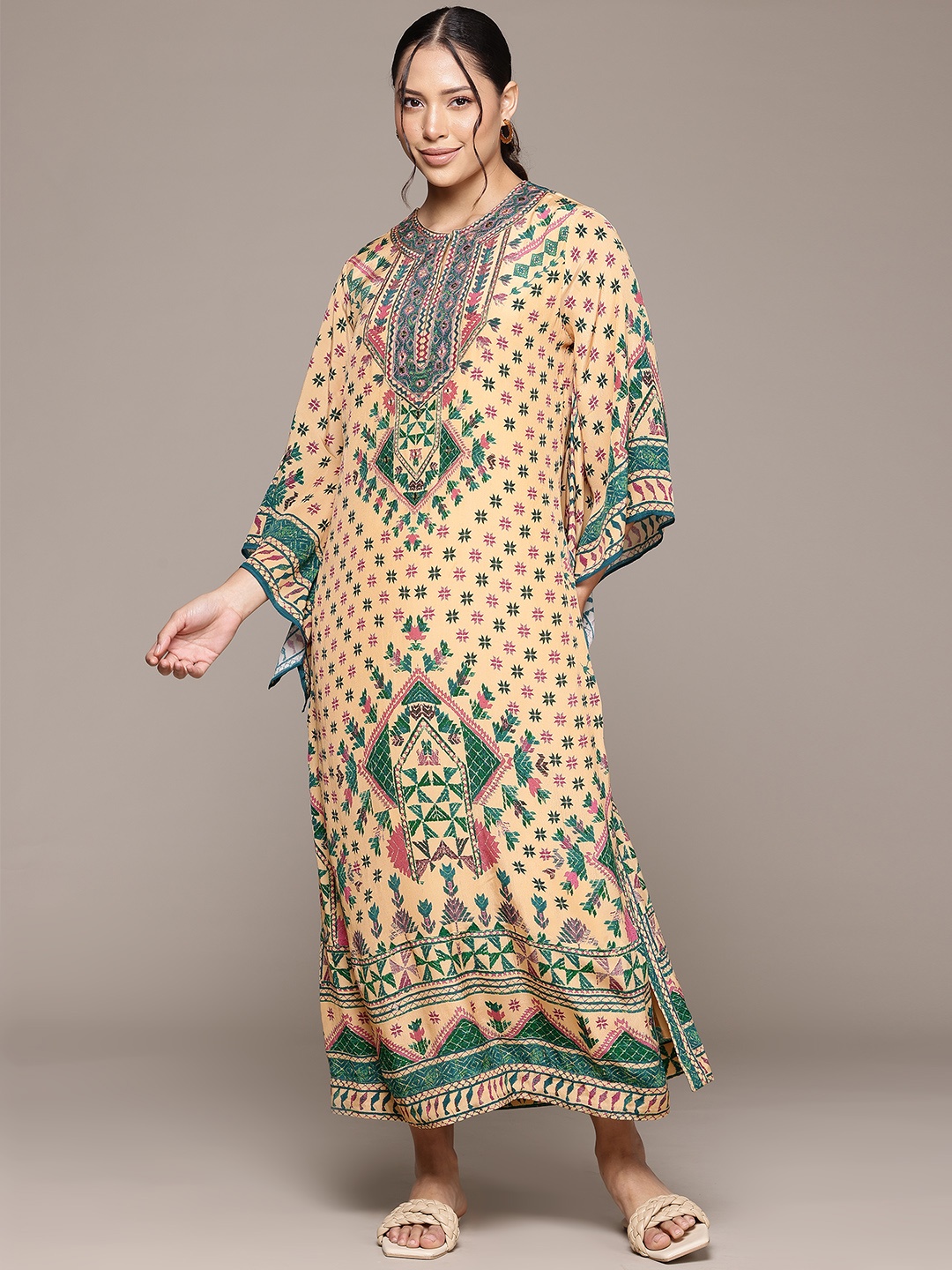 

Ritu Kumar Geometric Printed Kimono Sleeve Crepe Kaftan Maxi Dress, Beige