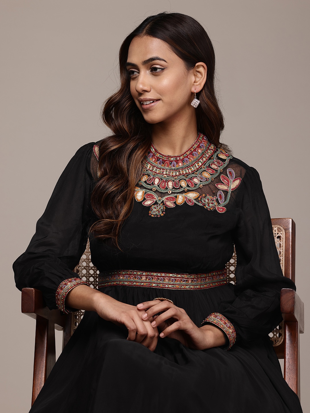 

Ritu Kumar Ethnic Motifs Embroidered Chiffon Fit & Flare Midi Dress, Black