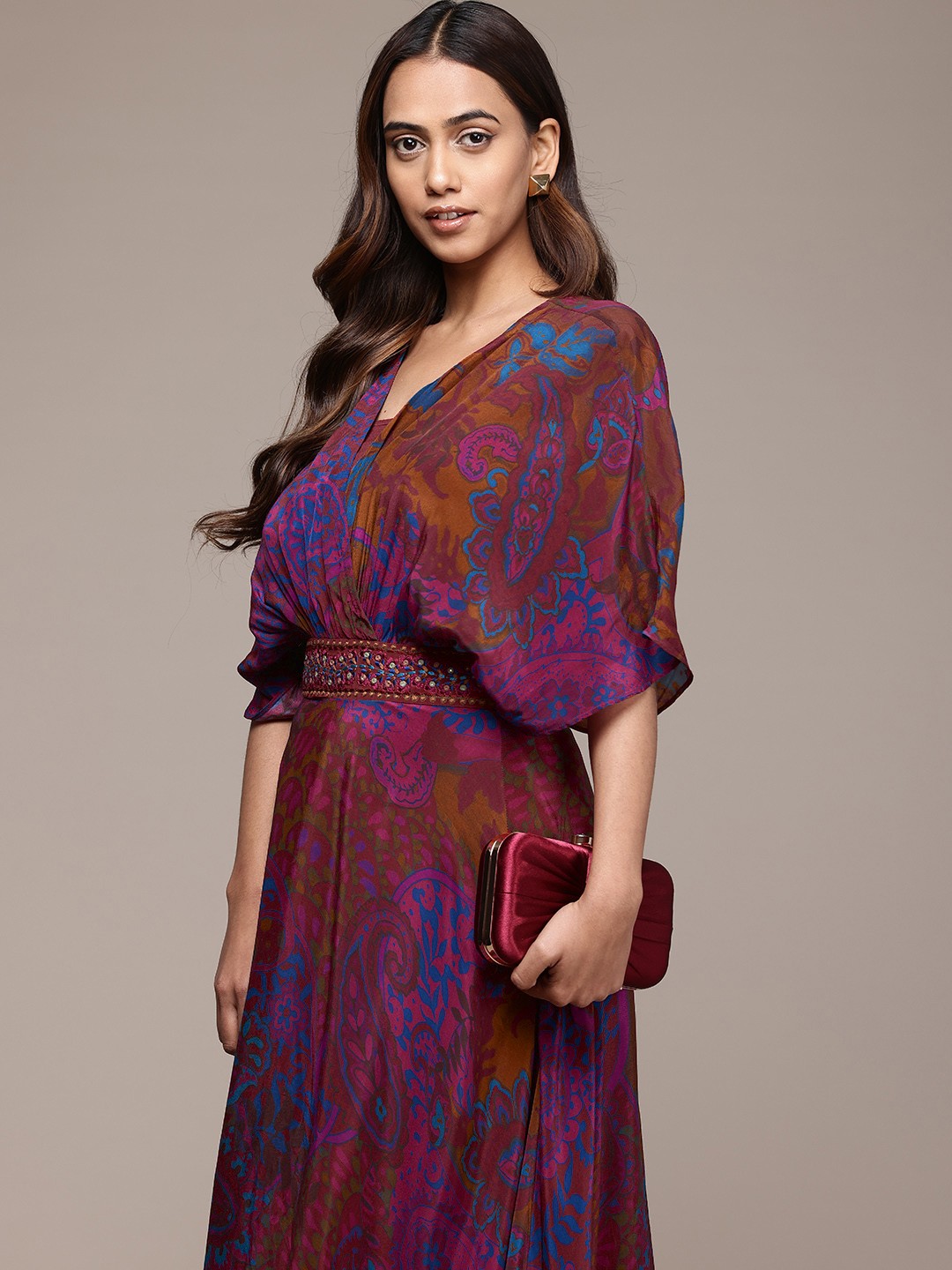 

Ritu Kumar Ethnic Motifs Print Flared Sleeve Crepe Maxi Dress, Pink
