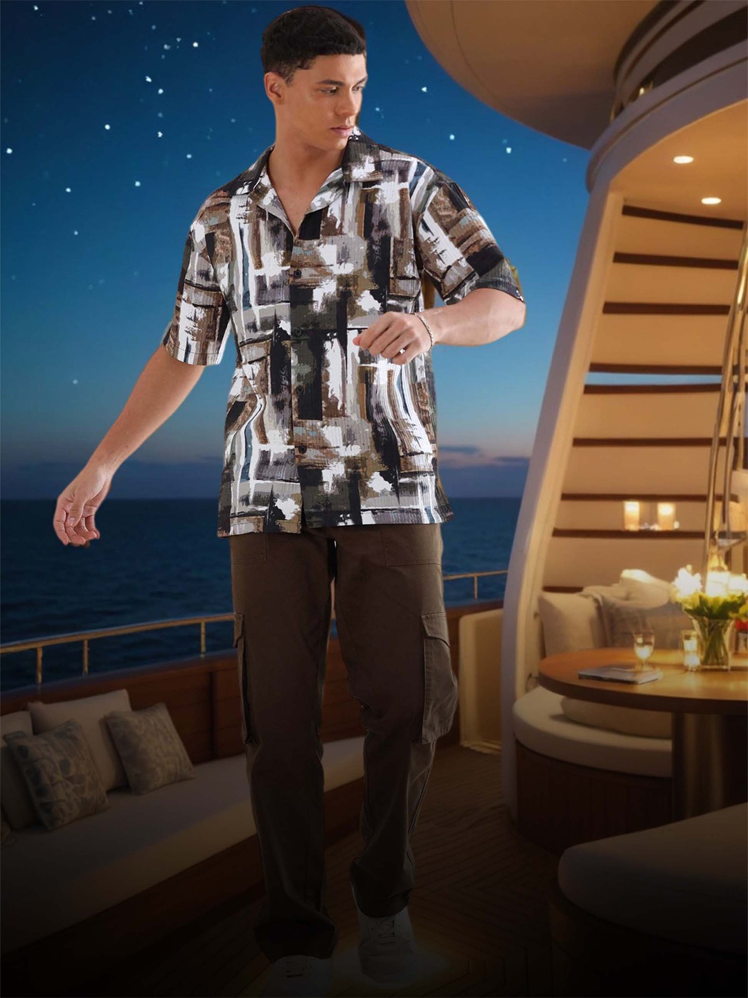 

HOUSE OF MAHNOTS Men Relaxed Cuban Collar Abstract Printed Oversized Casual Shirt, Olive