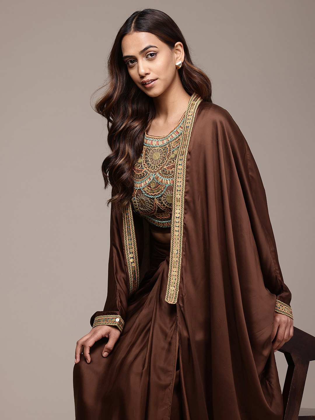 

Ritu Kumar Embroidered Satin Top With Skirt & Shrug, Brown