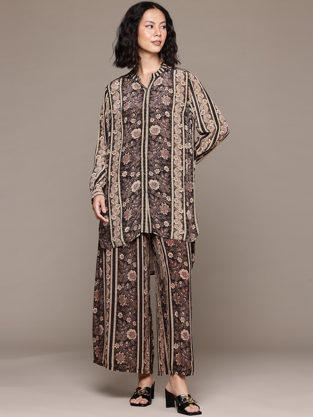 

Ritu Kumar Floral Print Shirt With Palazzos, Black