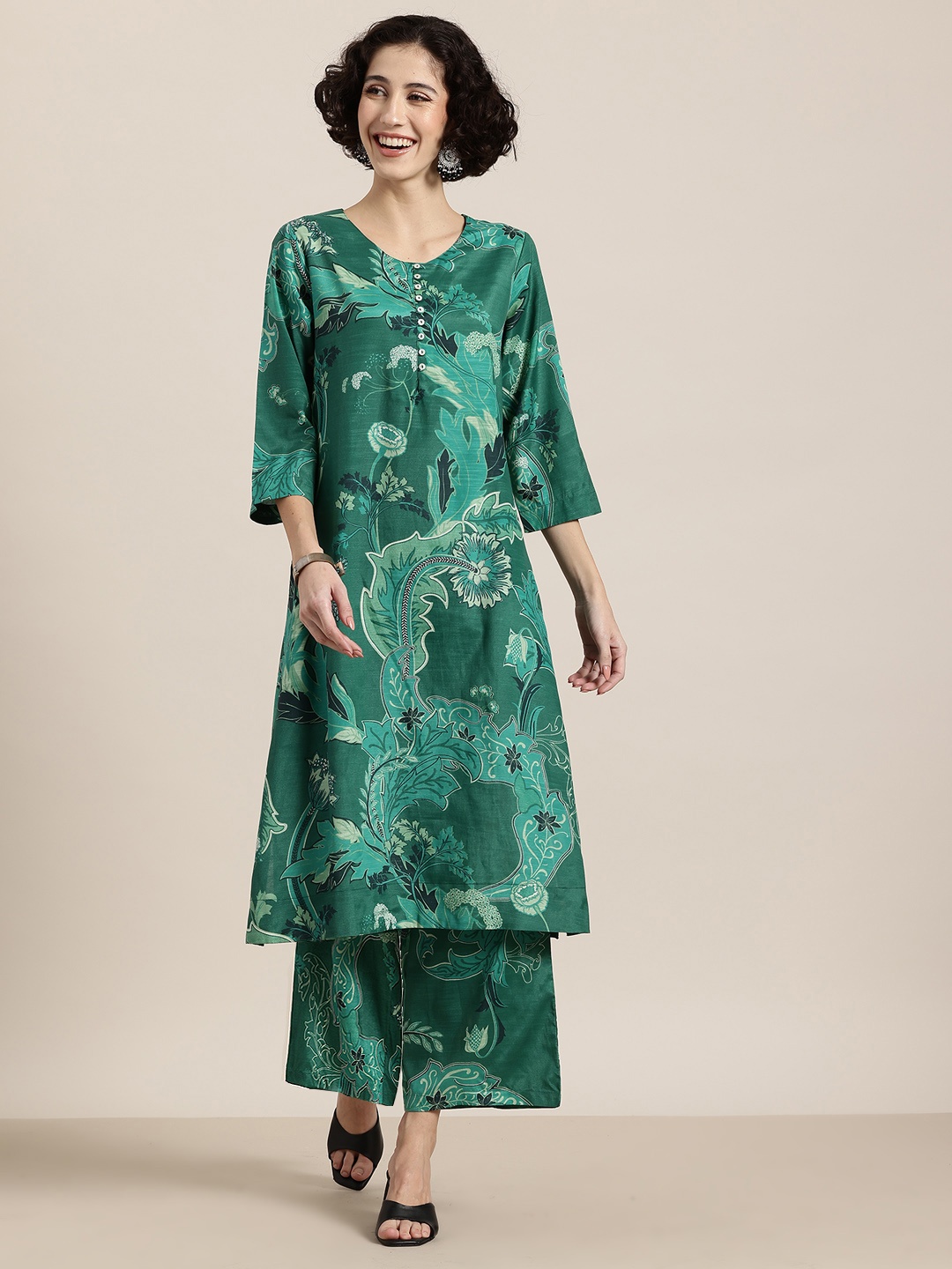 

HERE&NOW Floral Printed Linen Kurta with Palazzos, Green