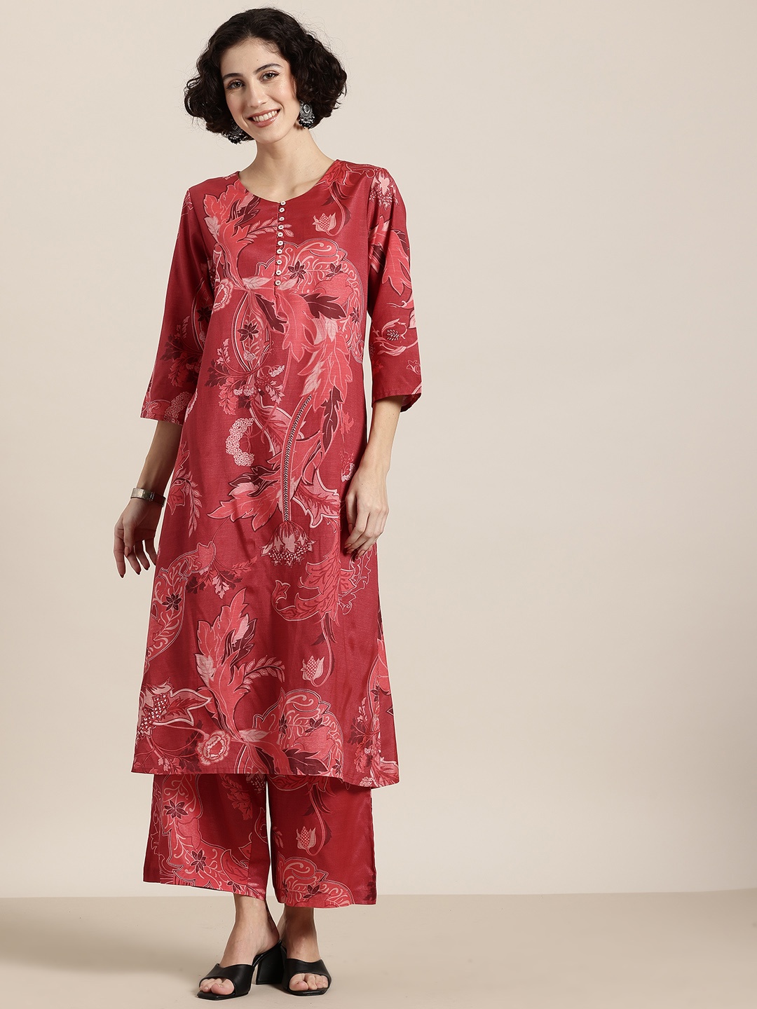 

HERE&NOW Floral Printed Linen Kurta with Palazzos, Red