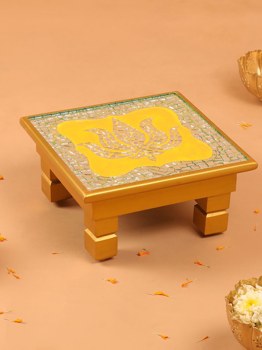 

THE HOME CO. Yellow Lotus Wooden Pooja Chowki