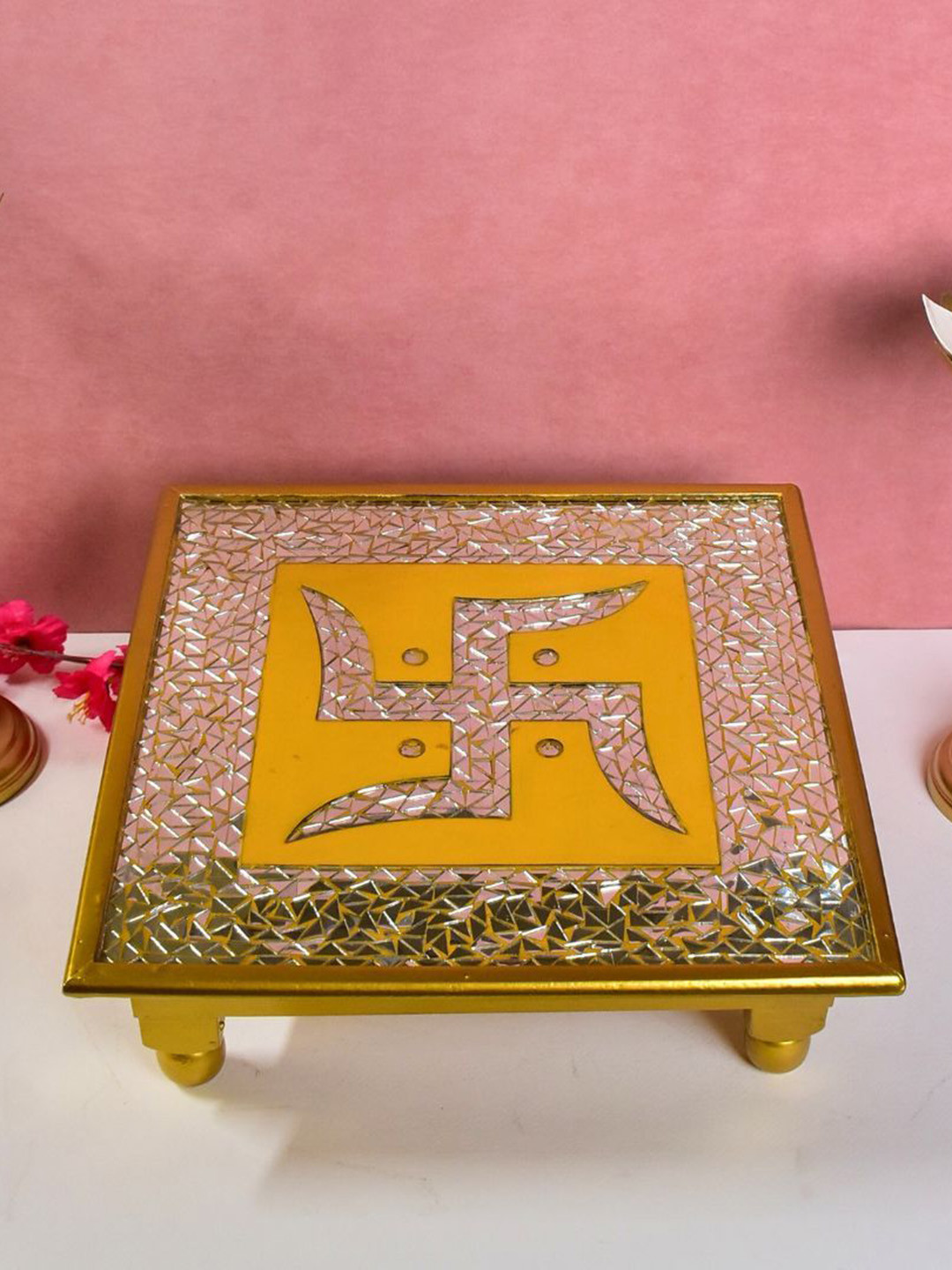 

THE HOME CO. Yellow Swastika Wooden Pooja Chowki