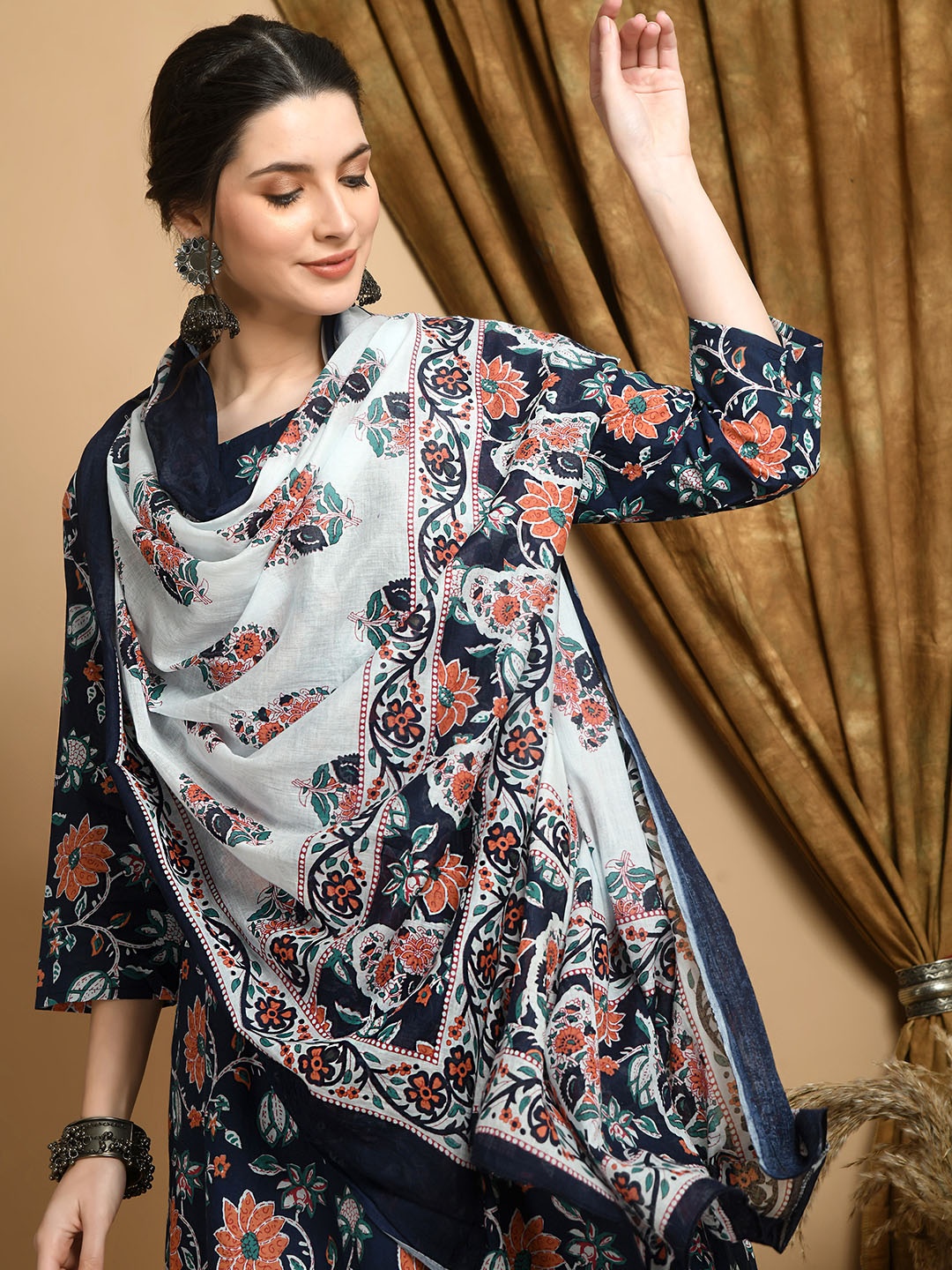 

Bhoolft Floral Printed Pure Cotton Anarkali Kurta With Trousers & Dupatta, Blue