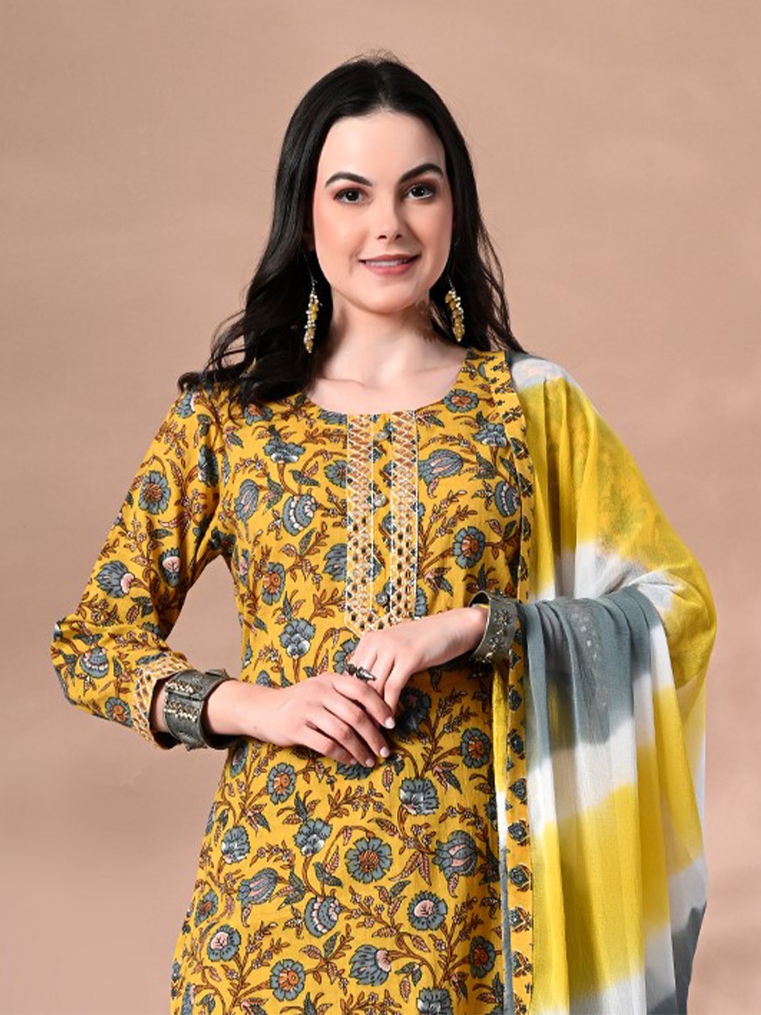 

DOISA Ethnic Motifs Printed Mirror Work Pure Cotton Kurta with Trouser & Dupatta, Yellow