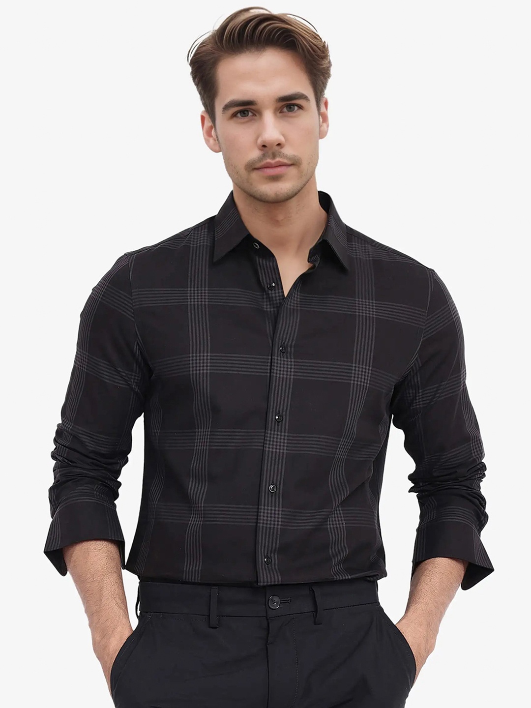 

RARE RABBIT Men Comfort Spread Collar Checked Cotton Casual Shirt, Black
