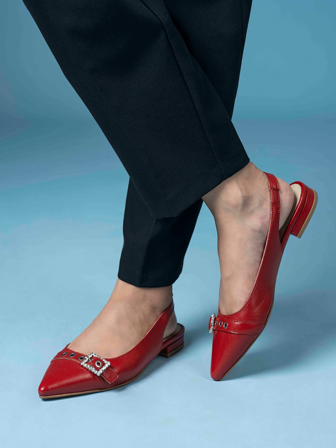

MIORAH Women Slingback Mules with Buckles Flats, Red