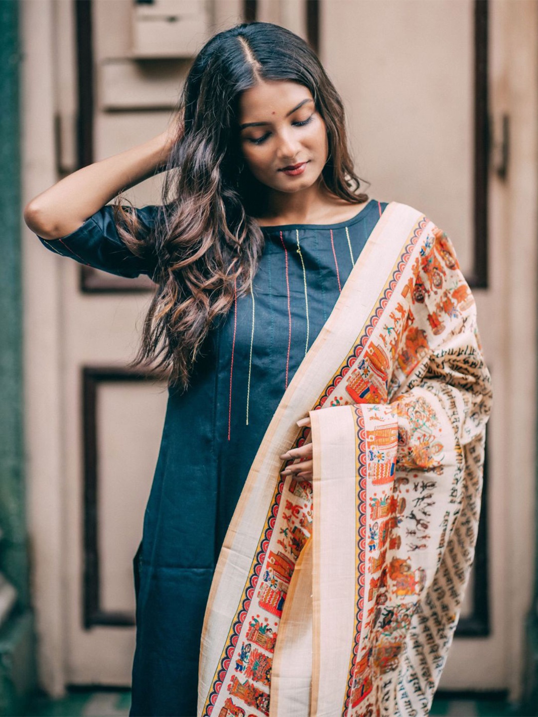 

KALINI Ethnic Motifs Embroidered Straight Kurta with Trousers & Dupatta, Black