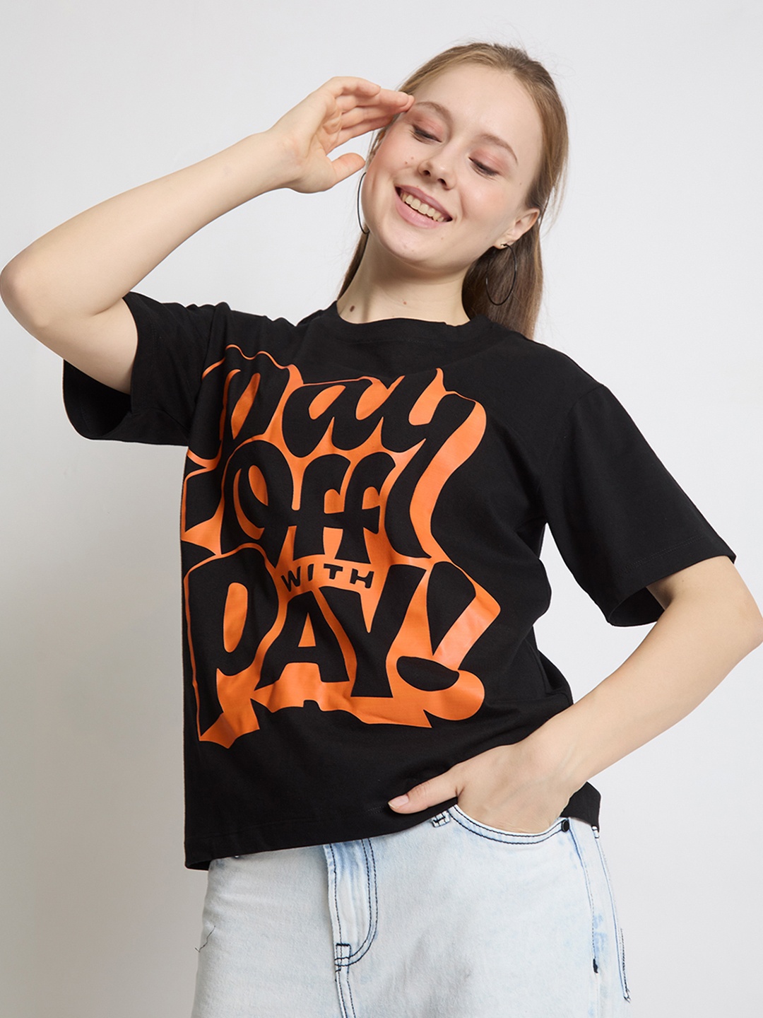 

IVOC Women Typography Printed Raw Edge T-shirt, Black