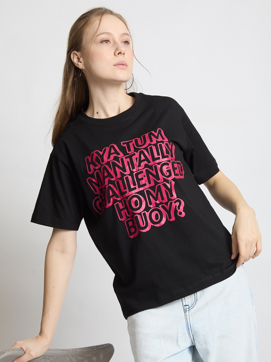 

IVOC Women Typography Printed Round Neck Cotton T-shirt, Black