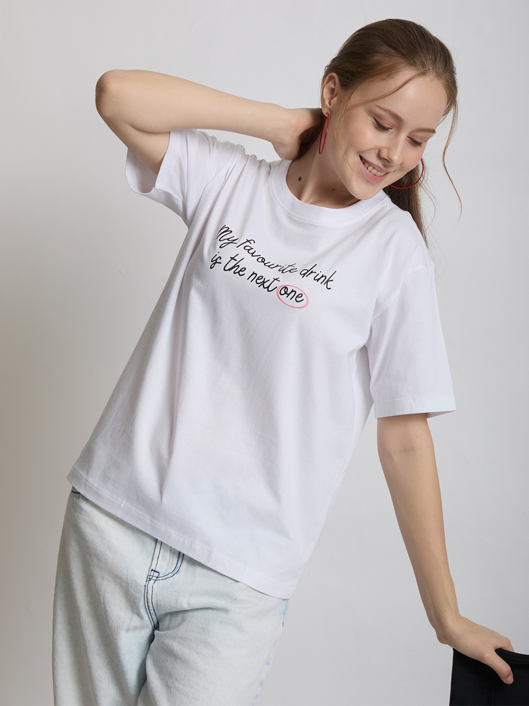IVOC Women Typography Printed Round Neck Cotton T-shirt, White
