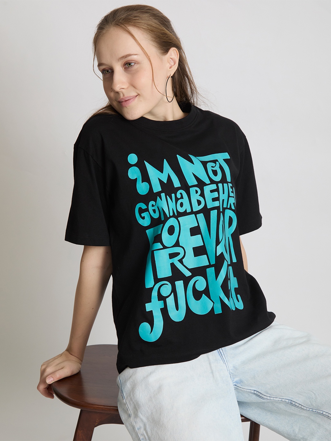 

IVOC Women Typography Printed Round Neck Cotton T-shirt, Black