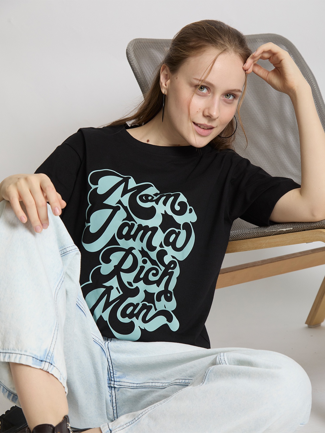 

IVOC Women Typography Printed Round Neck Cotton T-shirt, Black