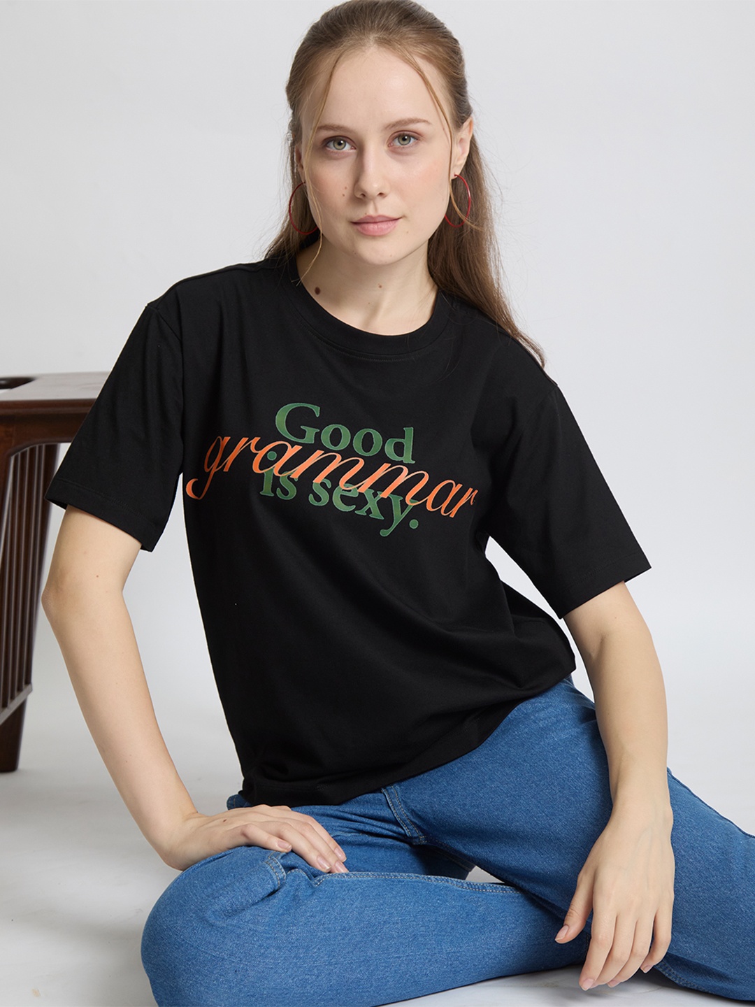 

IVOC Women Typography Printed Round Neck Cotton T-shirt, Black