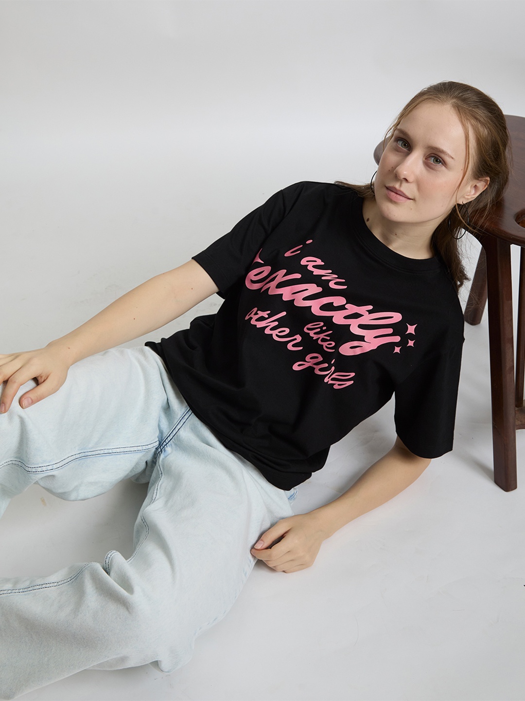 

IVOC Women Typography Printed Round Neck Cotton T-shirt, Black