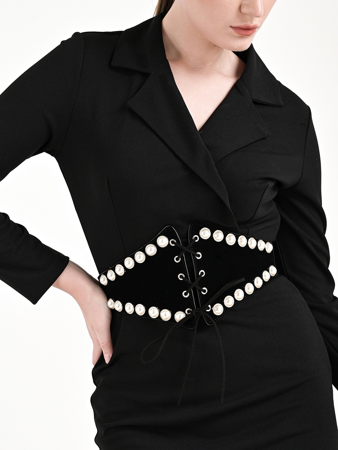 

Kazo Women Pearl Detail Broad Corset Belt, Black