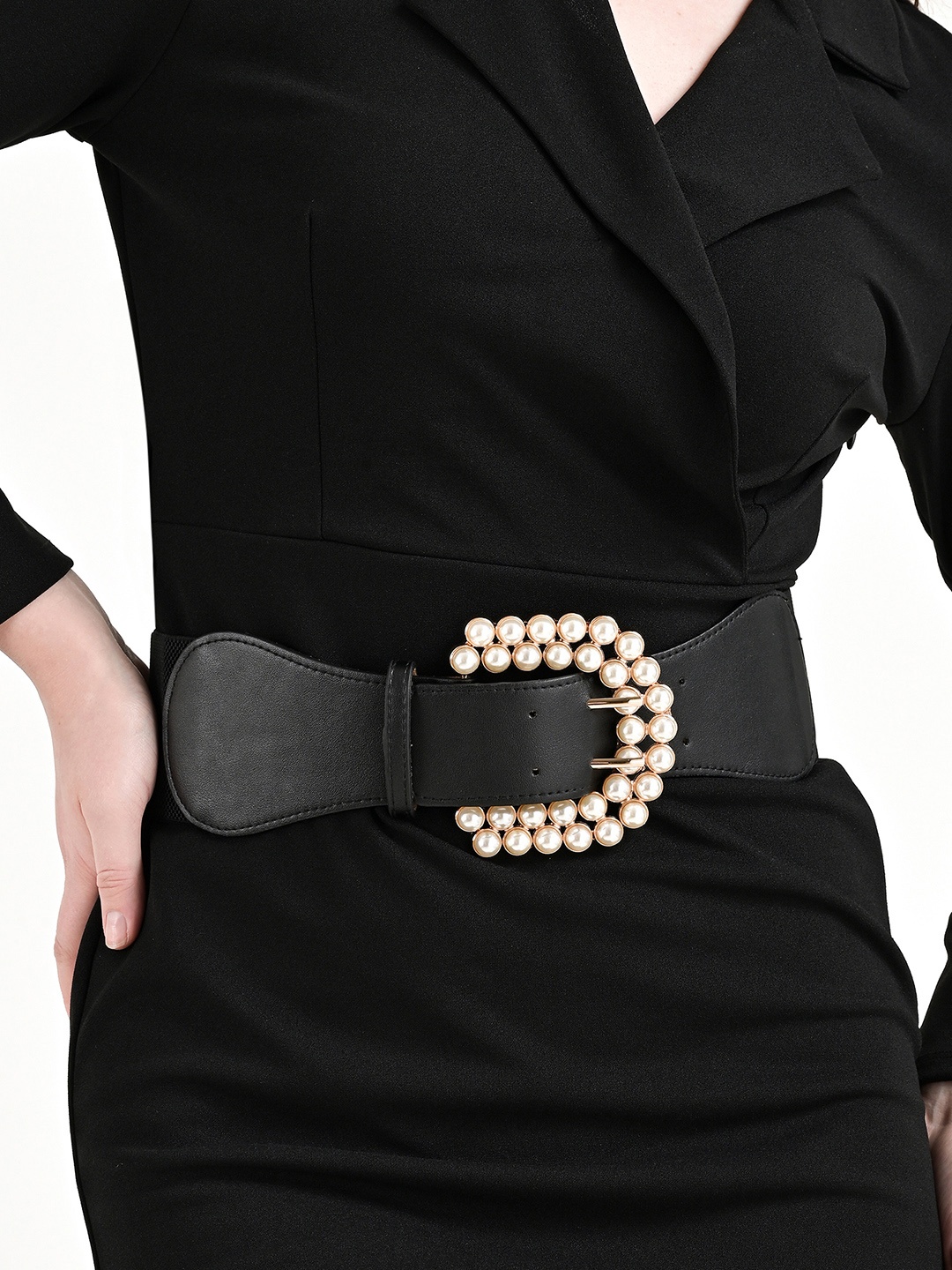 

Kazo Women Statement Pearl Buckle Broad Belt, Black