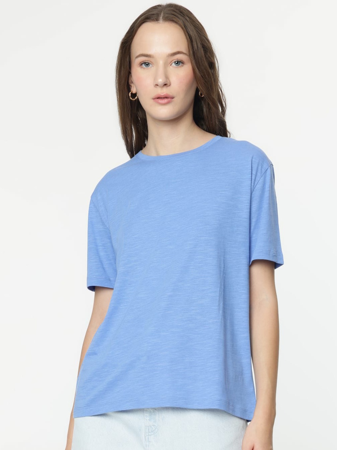 

Marks & Spencer Women Solid Round Neck Cotton T-shirt, Blue